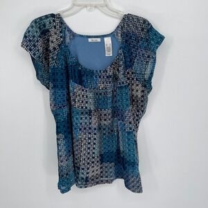 Liz & Co. Women's‎ Blue Geometric Mesh Overlay Flutter Sleeve Blouse Size XL